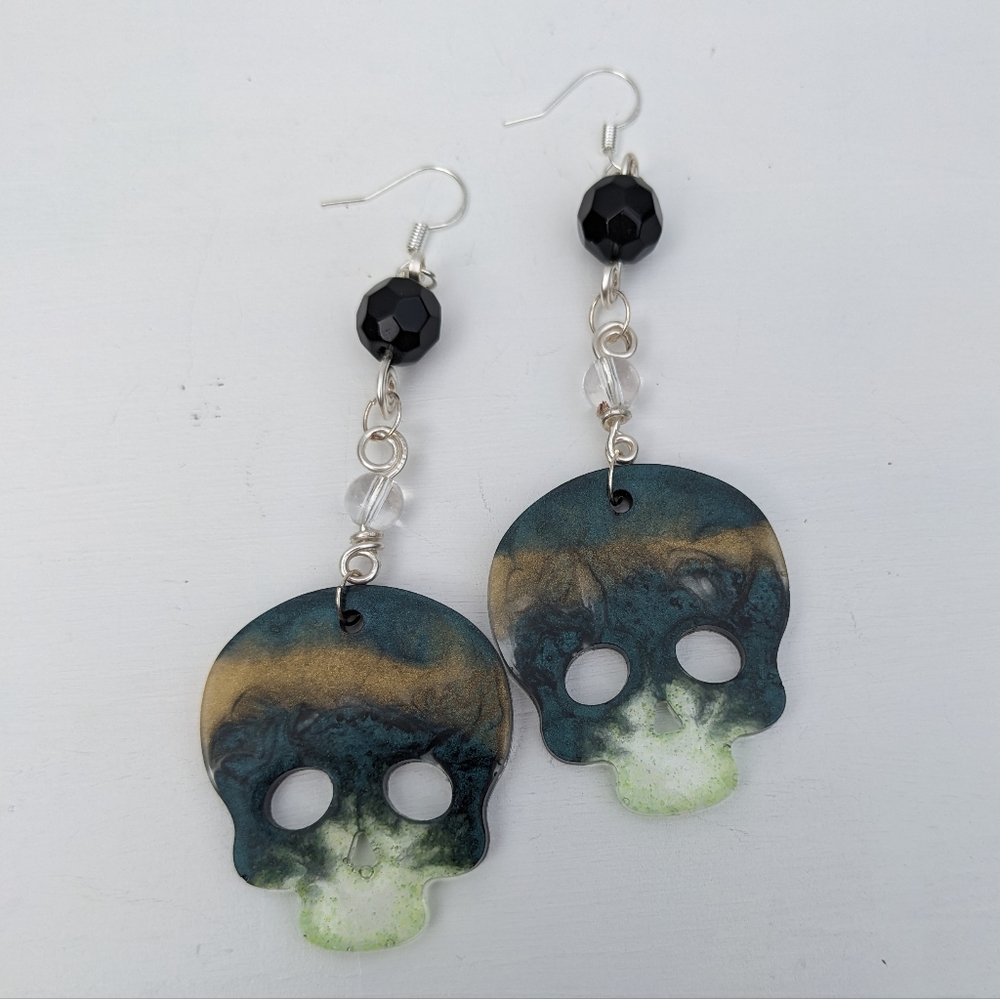 Lime Skull Earrings Black Beads Silver Teal Green Long Dangly Handmade Artisan
